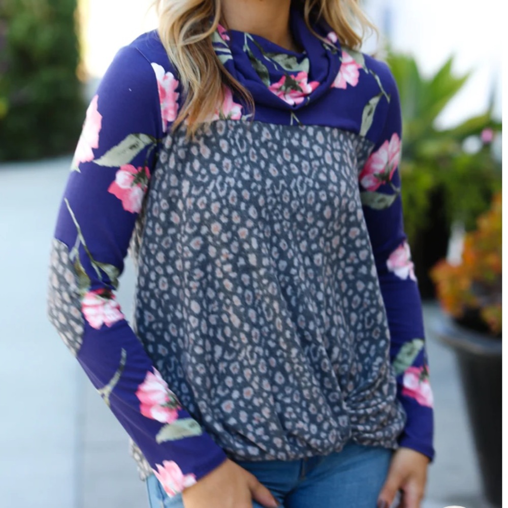 Blue Floral and Animal Print Color Block and Twist Hem Top